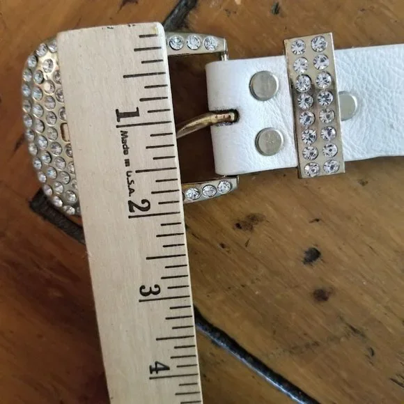 White Bling Gold Tone Studs Fluer De Lis Faux Leather Belt, Sz M / L Sparkle! - Picture 9 of 15